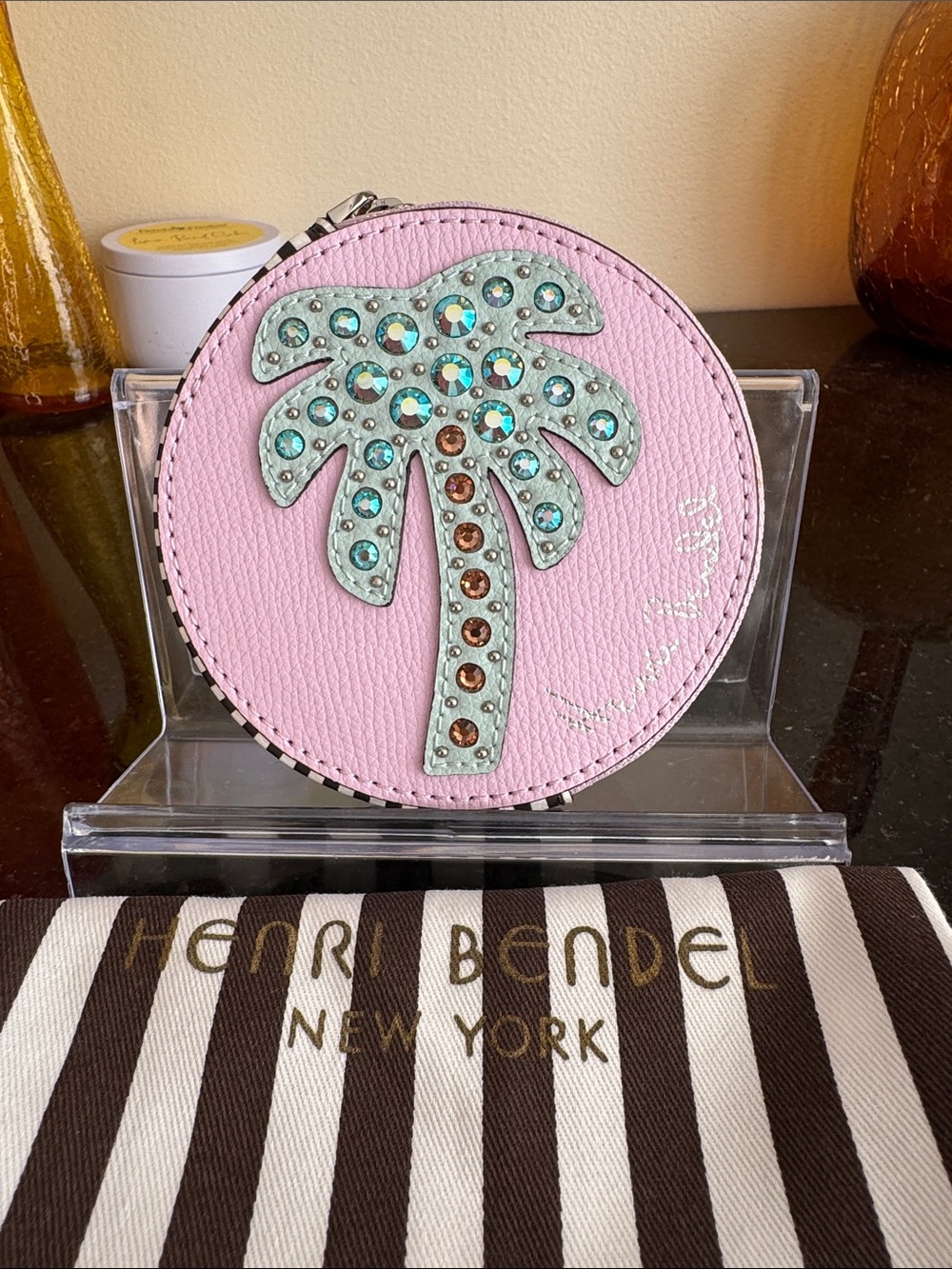 henri bendel Pink Round Coin Pouch with Mint Crystal Palm Tree